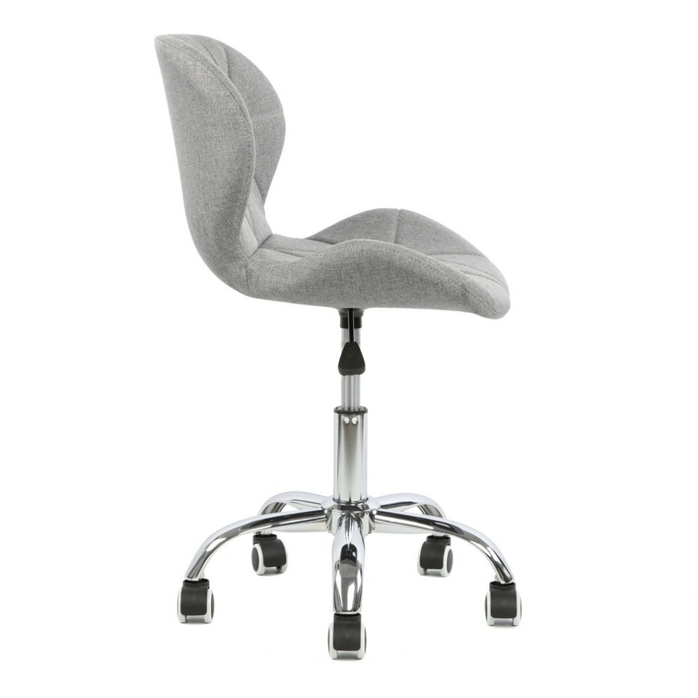 Grey upholstered office chair with a curved backrest, fitted wheels, and a chrome base, designed for comfort and mobility in a modern workspace.