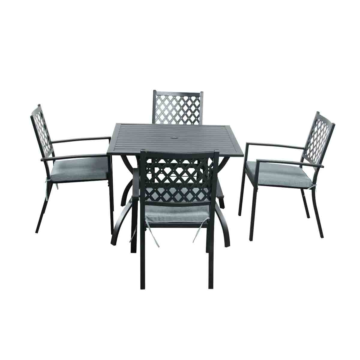 Black metal dining set featuring a square table and four matching chairs with lattice backs and gray cushions, perfect for outdoor dining.