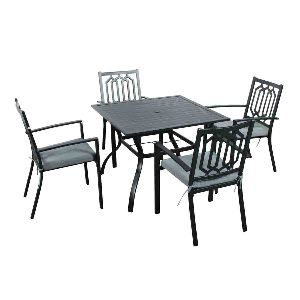 Black metal dining set featuring a square table and four matching chairs with a decorative backrest design, ideal for outdoor use.