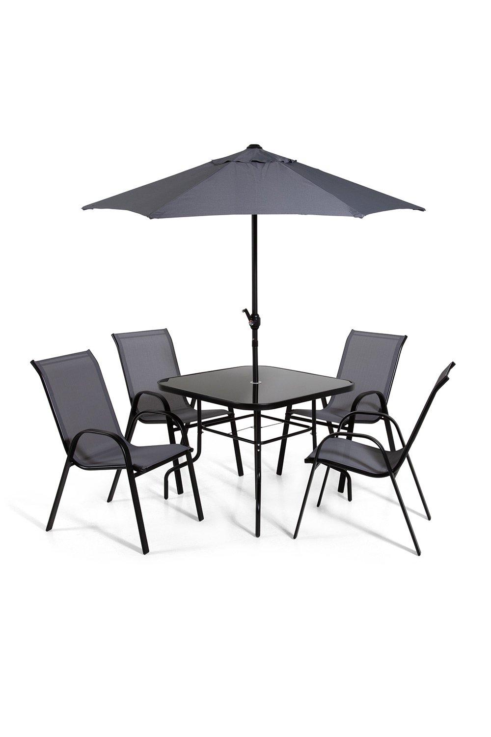 Black and grey metal garden dining set featuring a square table and four matching chairs, complemented by a grey parasol for shade.
