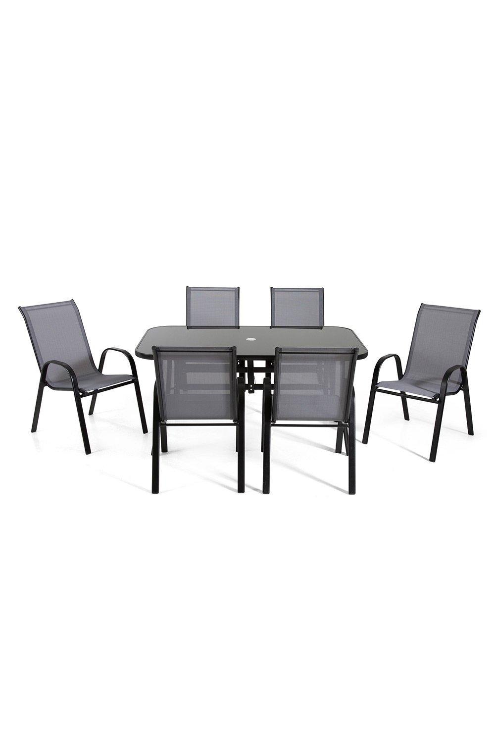 Black and grey metal garden dining set featuring a rectangular table and six mesh chairs, designed for outdoor use with a modern, sleek look.