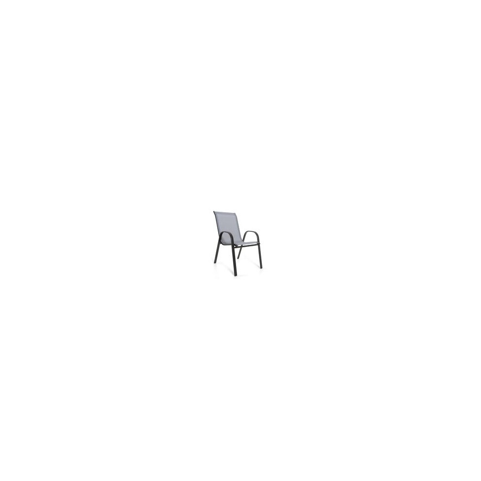 Grey stacking garden dining chair with a sleek design, featuring a mesh seat and backrest, supported by a sturdy black metal frame, ideal for outdoor use.