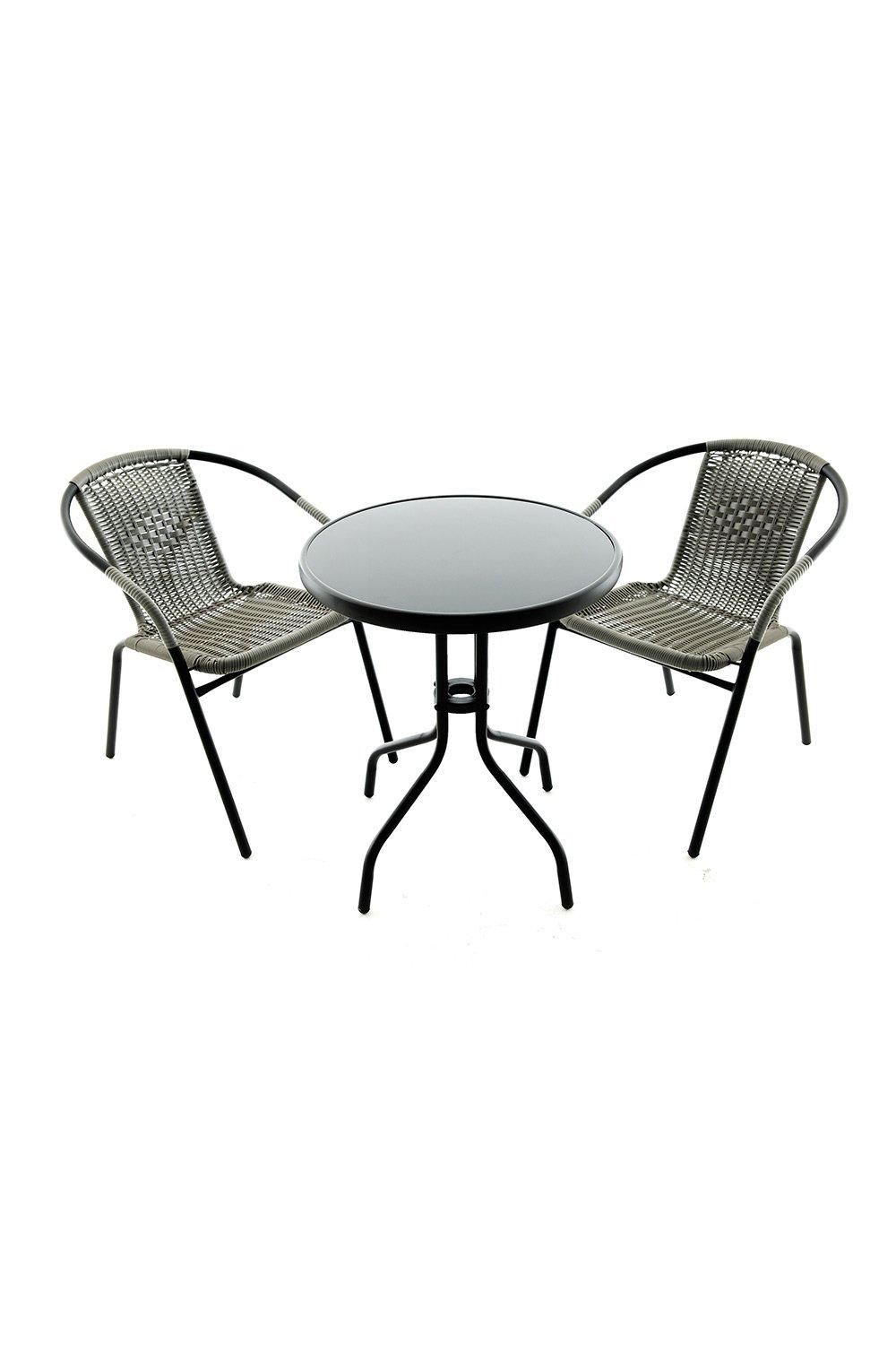 Modern bistro set featuring a round glass-top table and two rattan chairs with a sleek black metal frame, ideal for outdoor dining.