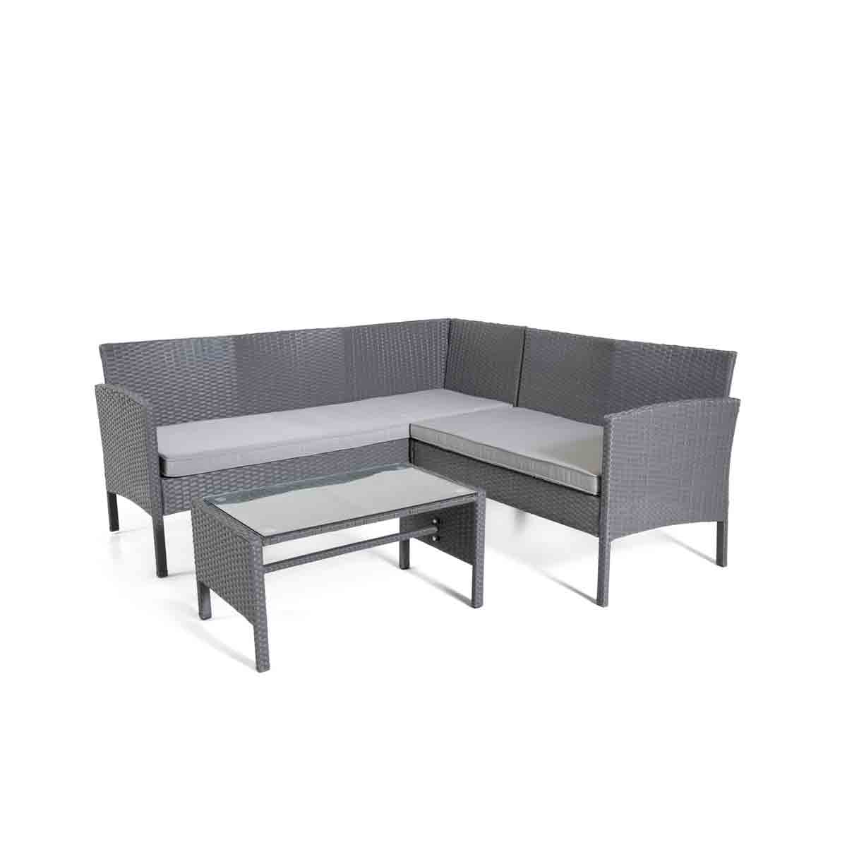 Grey rattan corner sofa set with five seats, featuring plush grey cushions and a glass-top coffee table, ideal for outdoor living spaces.