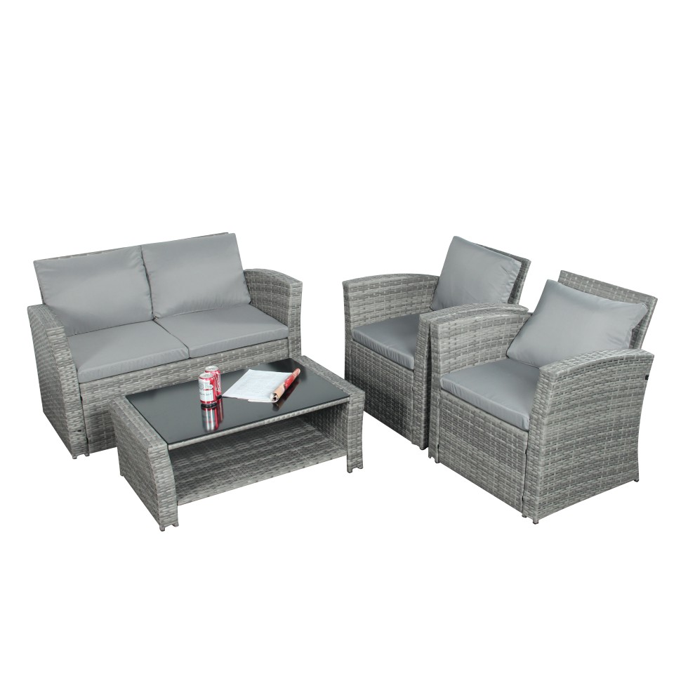 Grey rattan sofa lounge set featuring a two-seater sofa, two armchairs, and a glass-topped coffee table, all with soft grey cushions for comfort.