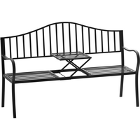 Black metal 2-seater bench with curved backrest, integrated center table, and slatted seat design.