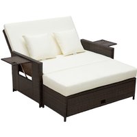 Brown rattan 2-seater sofa daybed with cream cushions, adjustable backrest, and side tables.