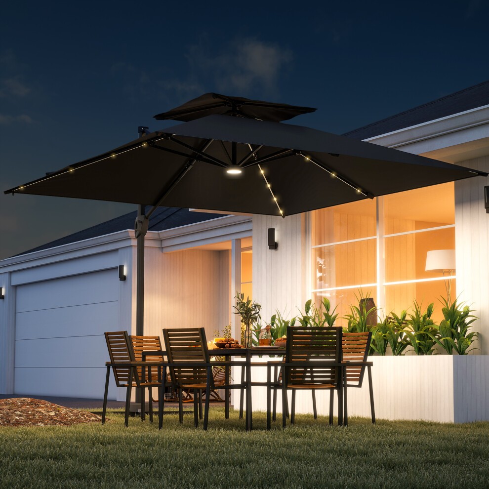 Black 3.5m aluminium cantilever parasol with LED lights, crank tilt mechanism, and UV50+ protection, positioned over a wooden dining set in a well-lit outdoor setting.