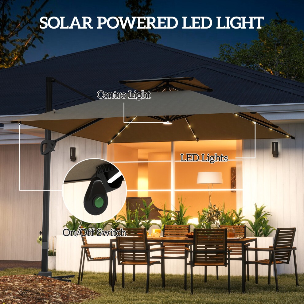 Outsunny 2 Tier Khaki Aluminium Solar LED Crank and Tilt Cantilever Parasol 3.5m - image 3