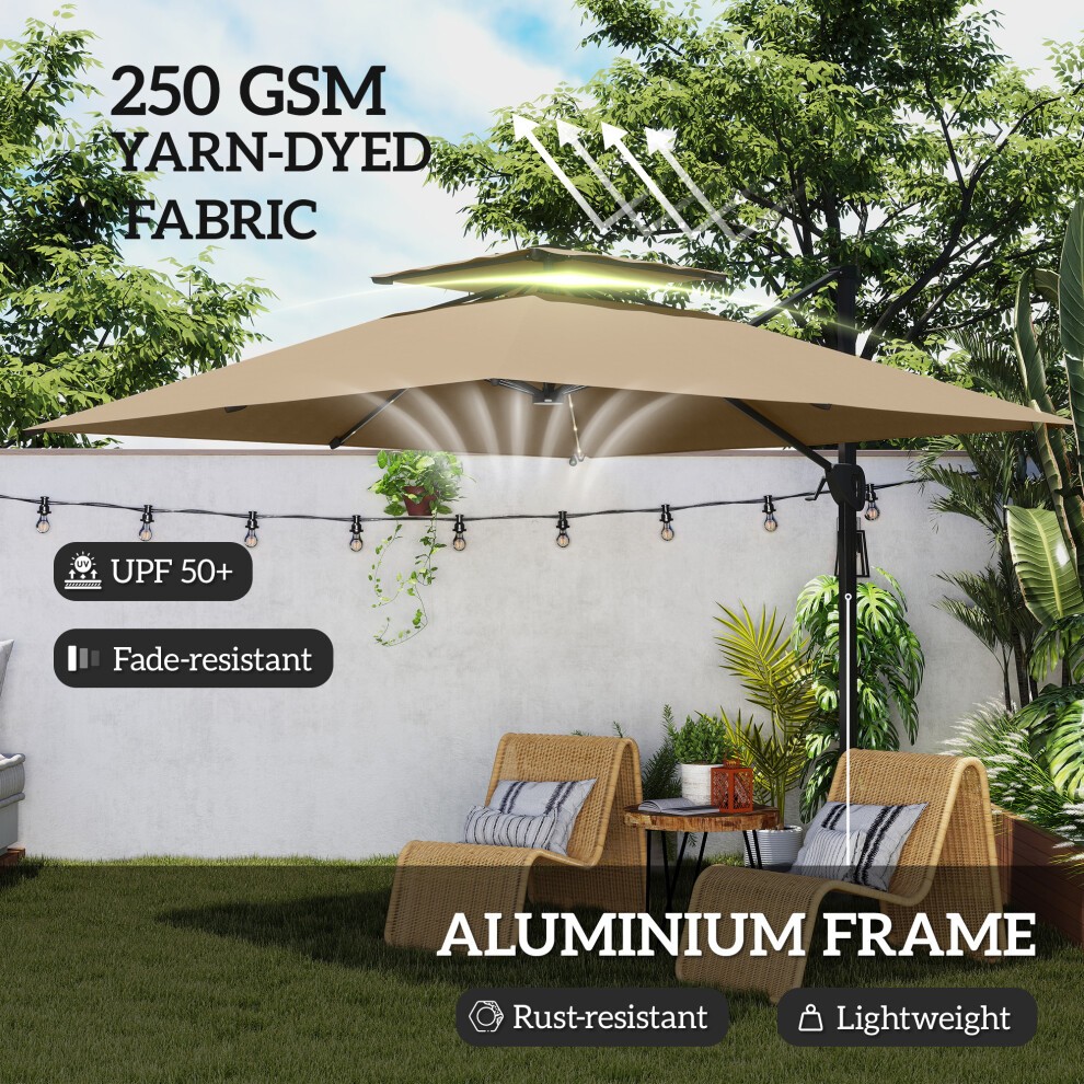 Outsunny 2 Tier Khaki Aluminium Solar LED Crank and Tilt Cantilever Parasol 3.5m - image 4