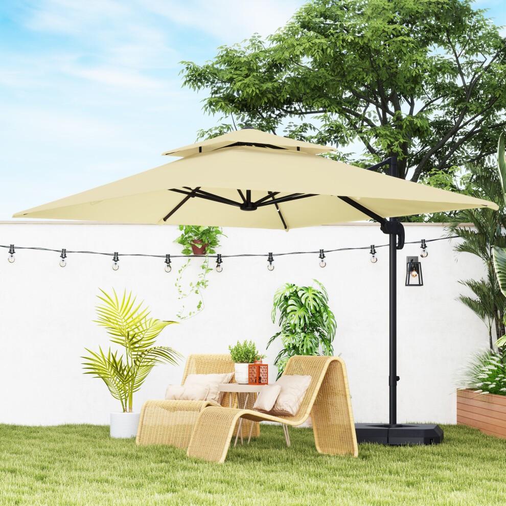 Brown cantilever parasol with a square canopy, supported by a sturdy black base, set in a garden with string lights and rattan furniture.