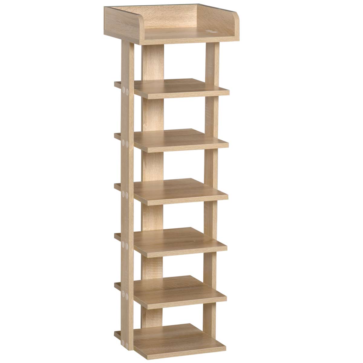 Brown wooden 7-tier shoe rack organizer with open shelves and a top compartment, designed for efficient shoe storage and display.