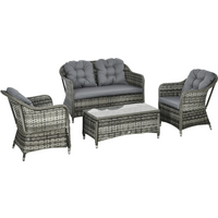 Outsunny rattan sofa set with gray cushions, includes two armchairs, loveseat, and glass-top coffee table.
