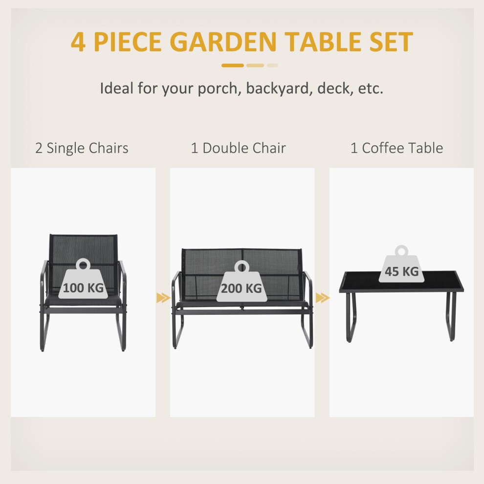Outsunny 4 Seater Black Garden Furniture Set with Glass Top Table - image 2