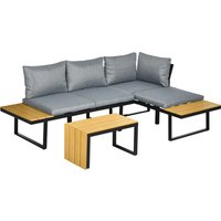 Dark grey 4-seater garden sofa set with padded cushions, wood grain plastic table and side panels.