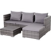 Grey PE rattan garden furniture set with L-shaped sofa, three cushions, and matching square coffee table.