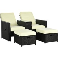 Black PE rattan sun lounger set with cream cushions, adjustable recliner, storage side table, and footstools.