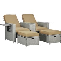 Beige rattan sun lounger set with adjustable recliners, storage side table, and matching footstools.