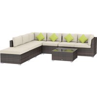 Brown rattan outdoor sofa set with beige cushions, green pillows, and a glass-top coffee table.