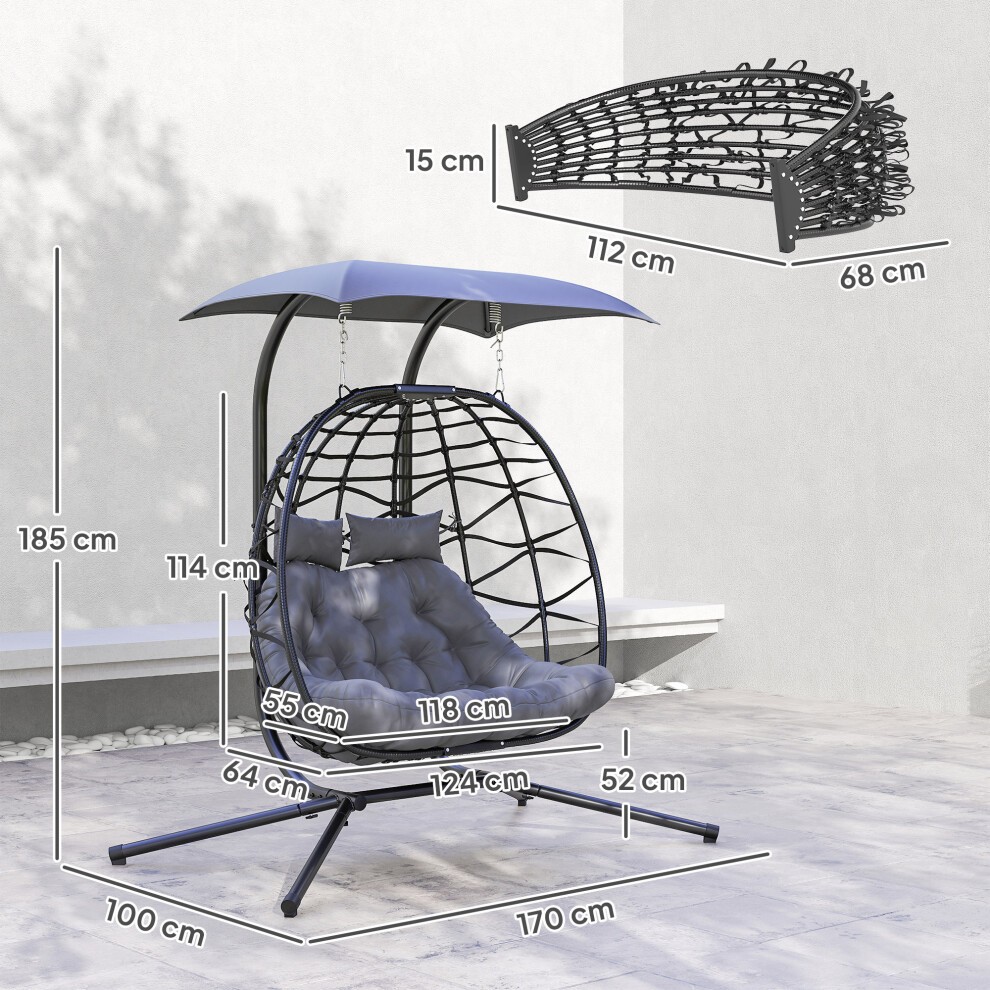 Outsunny Black Rattan 2 Seater Hanging Egg Chair with Canopy and Cushion - image 2