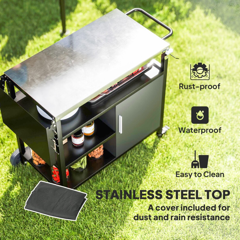 Outsunny Black Stainless Steel Barbeque Trolley with Foldable Side Table - image 3