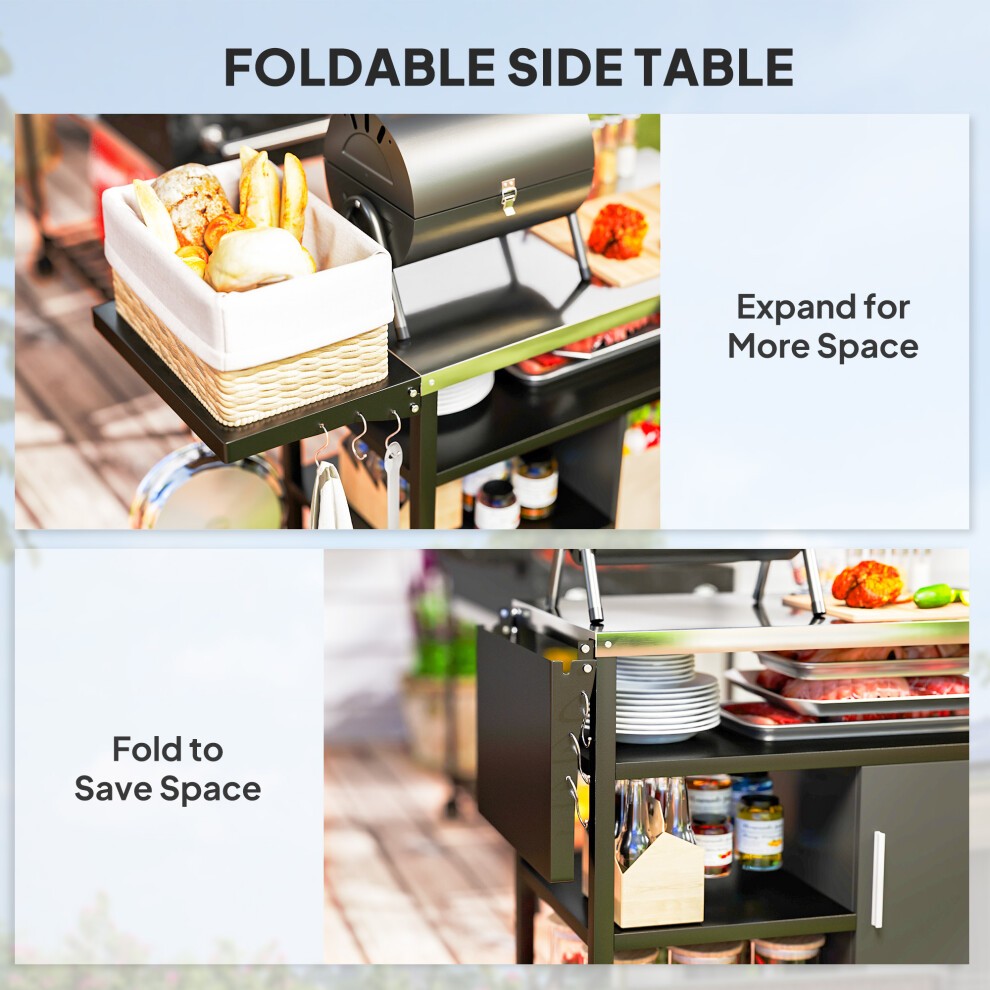 Outsunny Black Stainless Steel Barbeque Trolley with Foldable Side Table - image 4