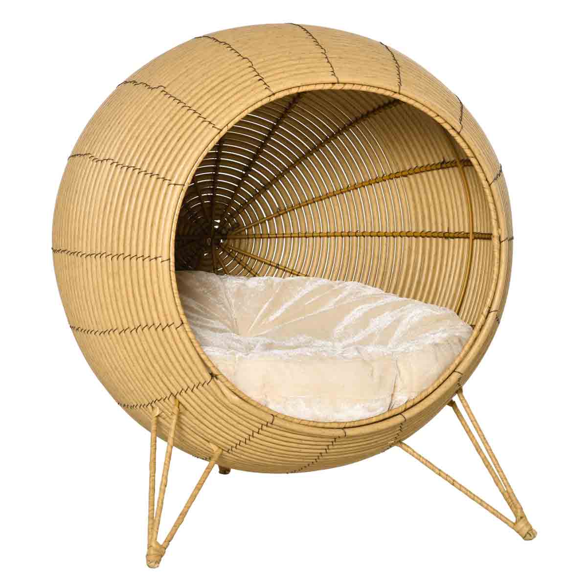 Elevated round rattan cat bed basket in brown with a soft cream cushion, featuring a woven design and sturdy legs for stability.