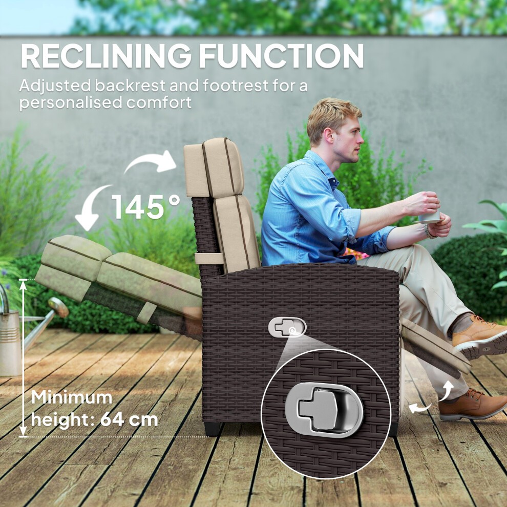 Outsunny Dark Brown Khaki Rattan Recliner Sun Lounger with Flip Table - image 3