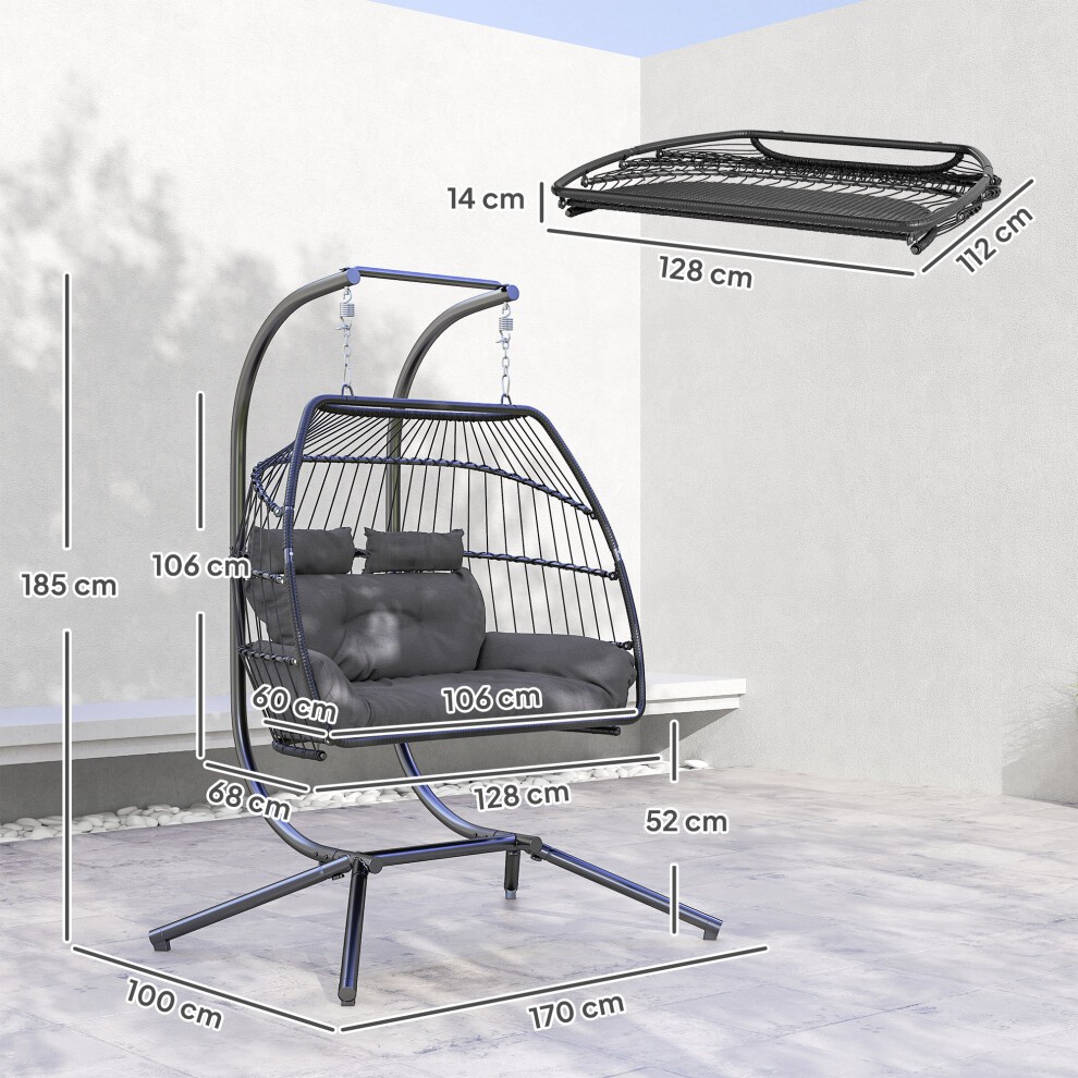 Outsunny Dark Grey 2 Seater Rattan Hanging Egg Chair with Stand and Cushion - image 2