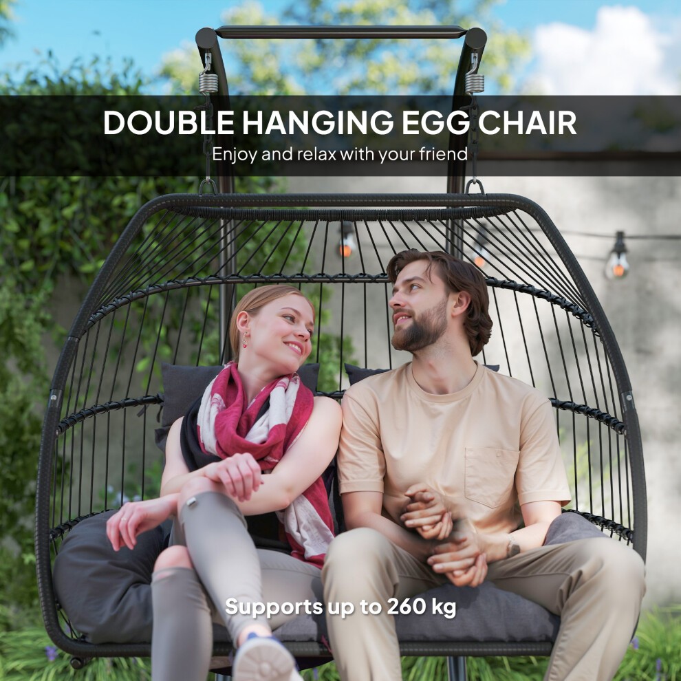 Outsunny Dark Grey 2 Seater Rattan Hanging Egg Chair with Stand and Cushion - image 3