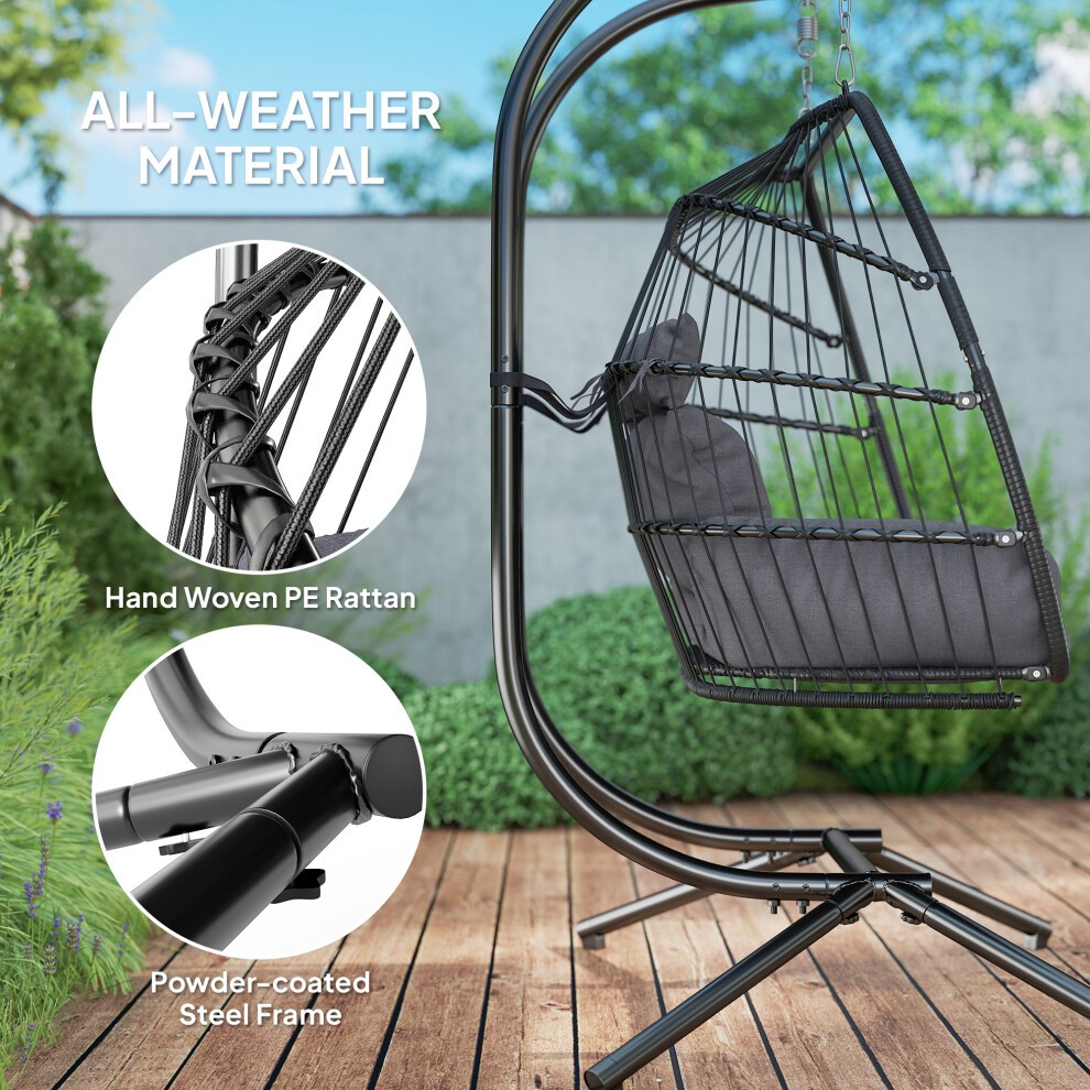 Outsunny Dark Grey 2 Seater Rattan Hanging Egg Chair with Stand and Cushion - image 4