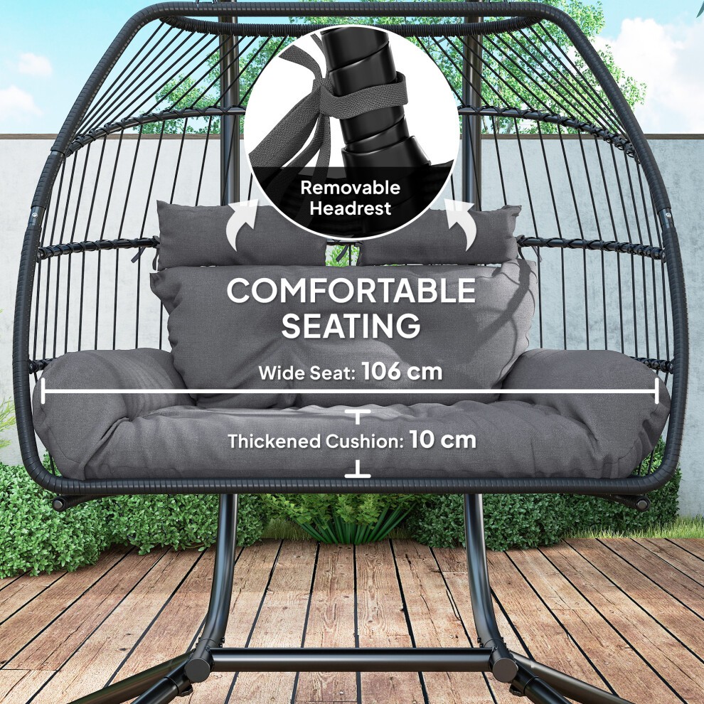 Outsunny Dark Grey 2 Seater Rattan Hanging Egg Chair with Stand and Cushion - image 5
