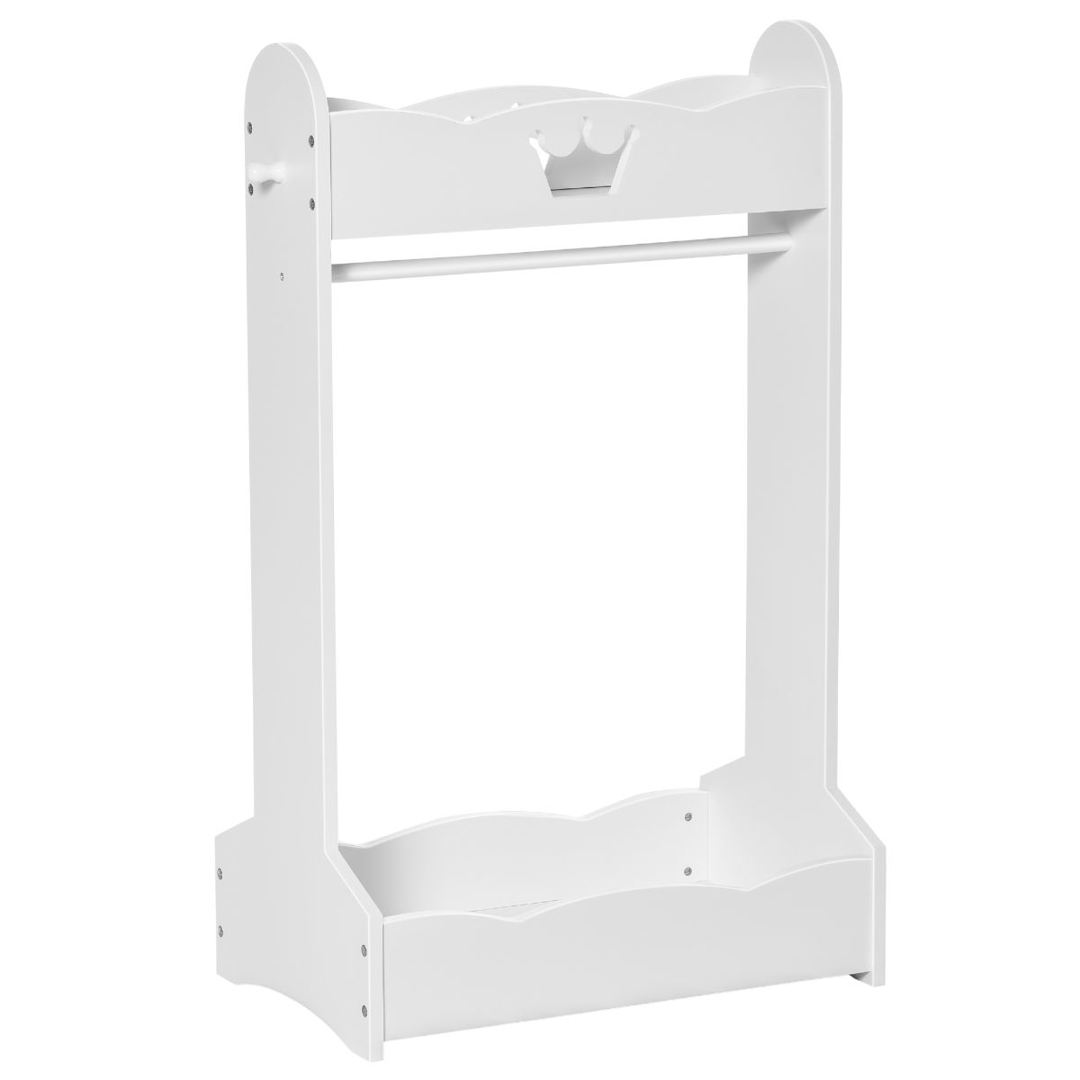 White wooden clothes rack with a crown design, featuring a hanging rod and storage shelves, designed for children aged 3-8 years.