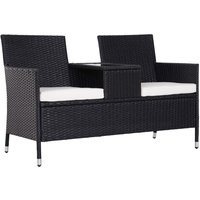 Black rattan 2-seater companion seat with white cushions and central table, wicker weave design for outdoor use.