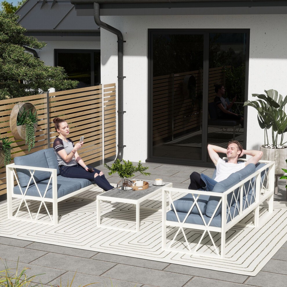 Grey 5-seater sectional outdoor sofa set featuring loveseats, with a sleek white frame, plush cushions, and a modern design, perfect for garden or patio use.