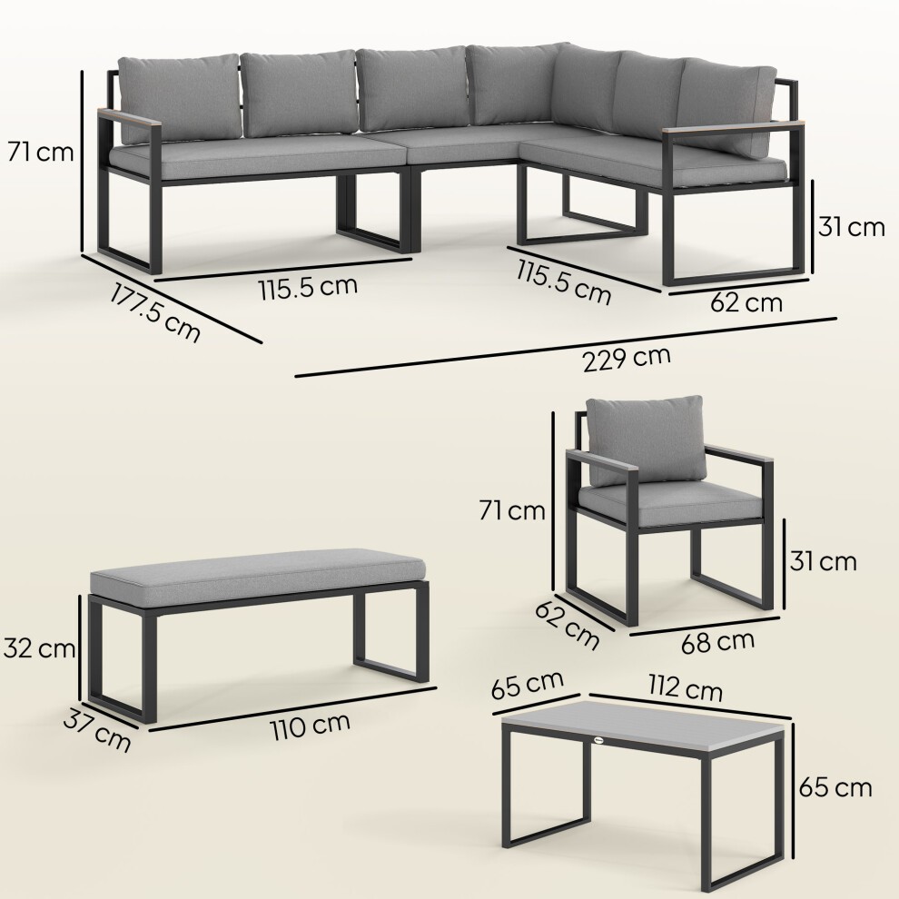 Grey outdoor corner sofa set featuring wide, deep seats, sturdy metal frame, and plush cushions, designed for nine people with a modern aesthetic.