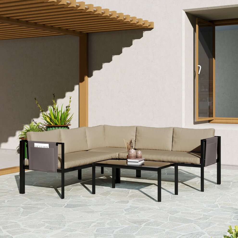 Four-piece garden furniture set featuring a khaki and cream color scheme, breathable mesh pockets, and a sleek black metal frame, arranged on a stone patio.