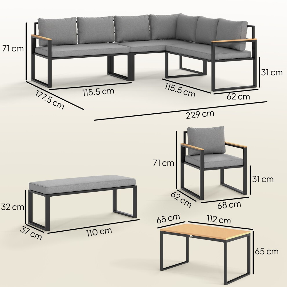 Stylish 9-seater outdoor corner sofa set featuring wide, deep gray cushions, a sleek black metal frame, and natural wood armrests, ideal for spacious patios or gardens.