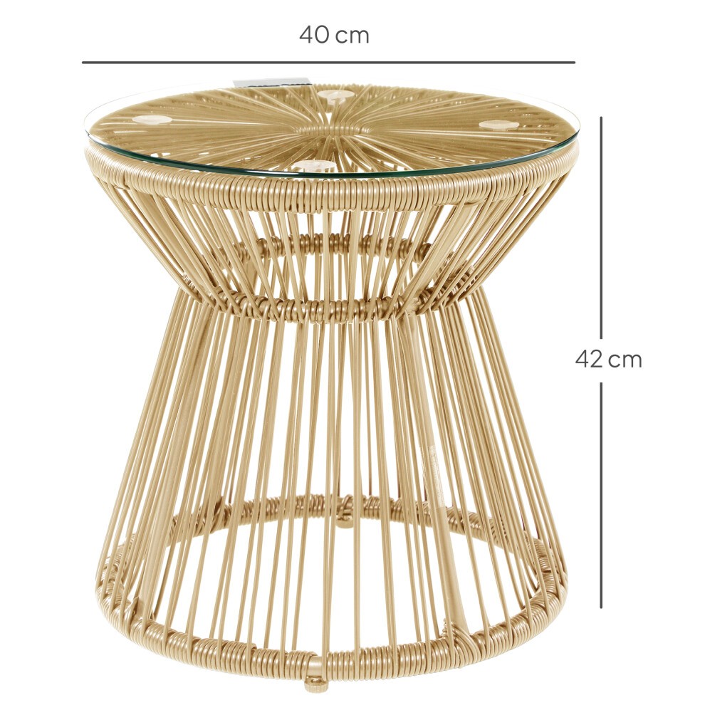 Round end table made of natural yellow PE rattan with a hollow drum design, featuring a glass top and a height of 42 cm and diameter of 40 cm.