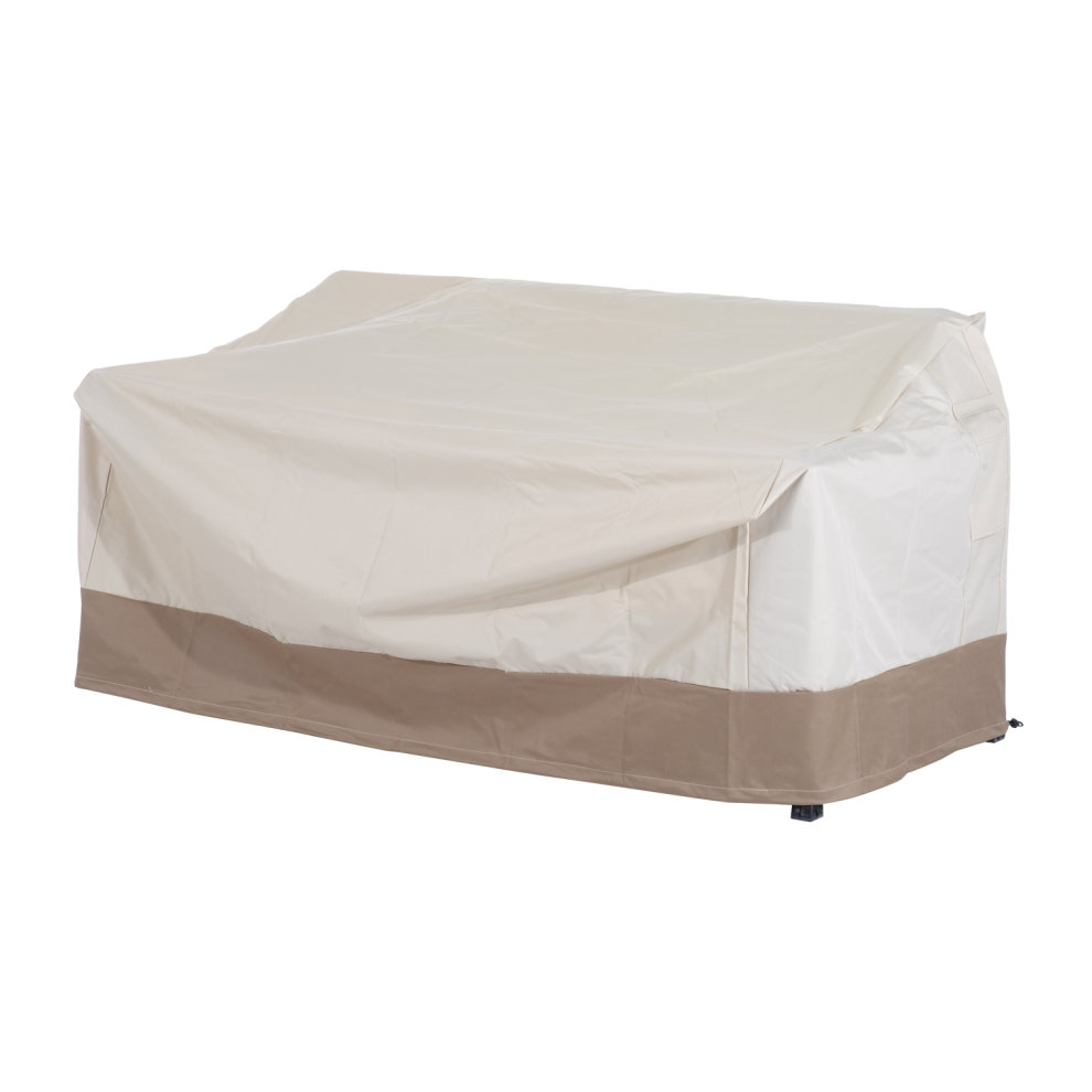 Beige and brown waterproof rain cover designed for a three-seater bench, featuring a durable fabric with a fitted shape and adjustable straps for secure placement.