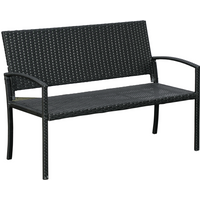 Black rattan 2-seater garden bench with curved armrests and woven backrest by Outsunny.