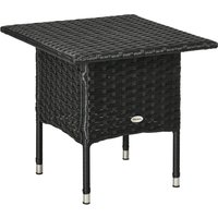 Black rattan side table with woven top, square shape, and durable plastic board, designed for outdoor use.