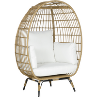 Khaki PE rattan egg chair with padded white cushions, open weave design, and black metal legs for outdoor use.