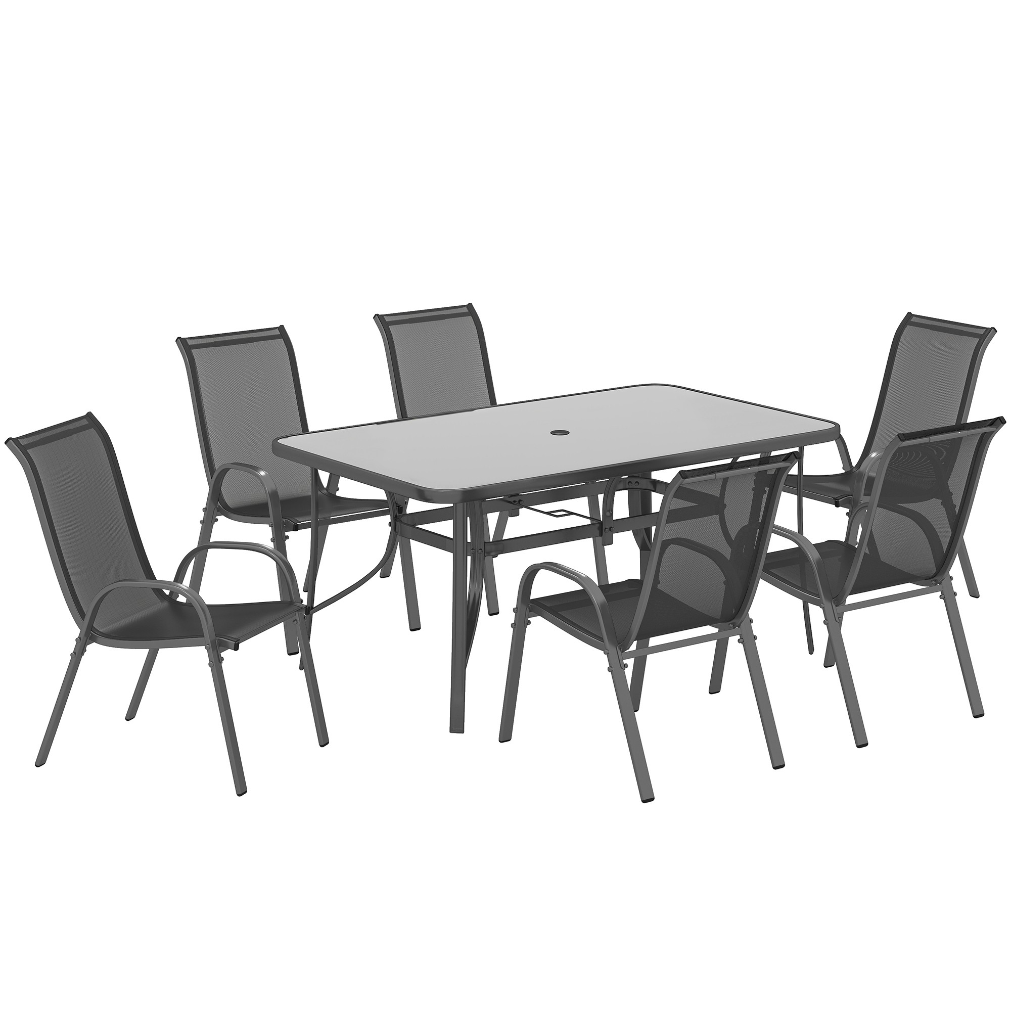 Seven-piece outdoor dining set in charcoal grey, featuring a rectangular glass-top table and six mesh-back chairs, designed for durability and comfort.