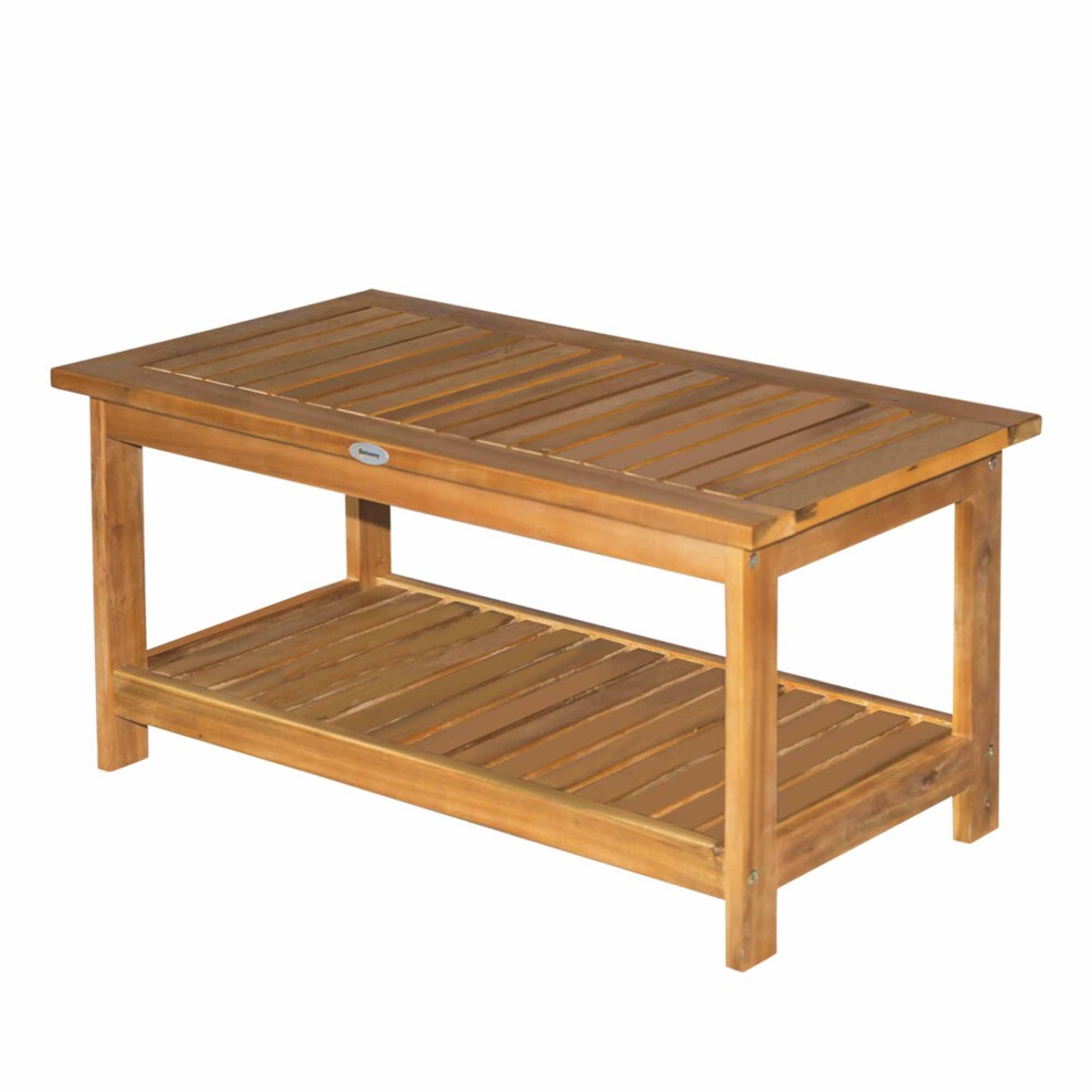 Acacia wood outdoor coffee table in a slat design, featuring a natural teak finish, two tiers, and dimensions of 90 x 45 cm.