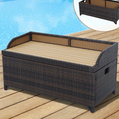 Brown PE rattan storage basket box bench with a slatted lid and raised backrest, featuring a textured weave design, set against a wooden deck near a pool.