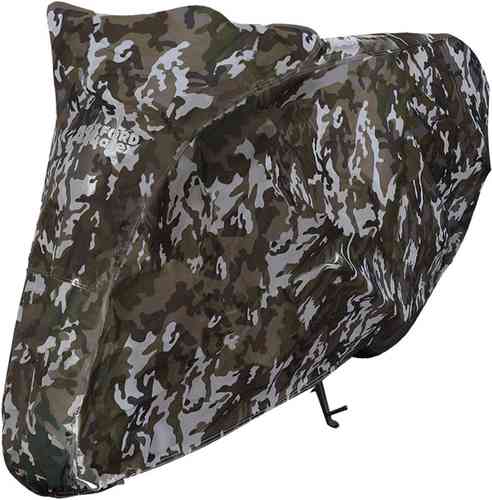 Camouflage-patterned motorcycle cover in shades of green and gray, made from durable, weather-resistant material, featuring a secure fit design and Oxford branding.