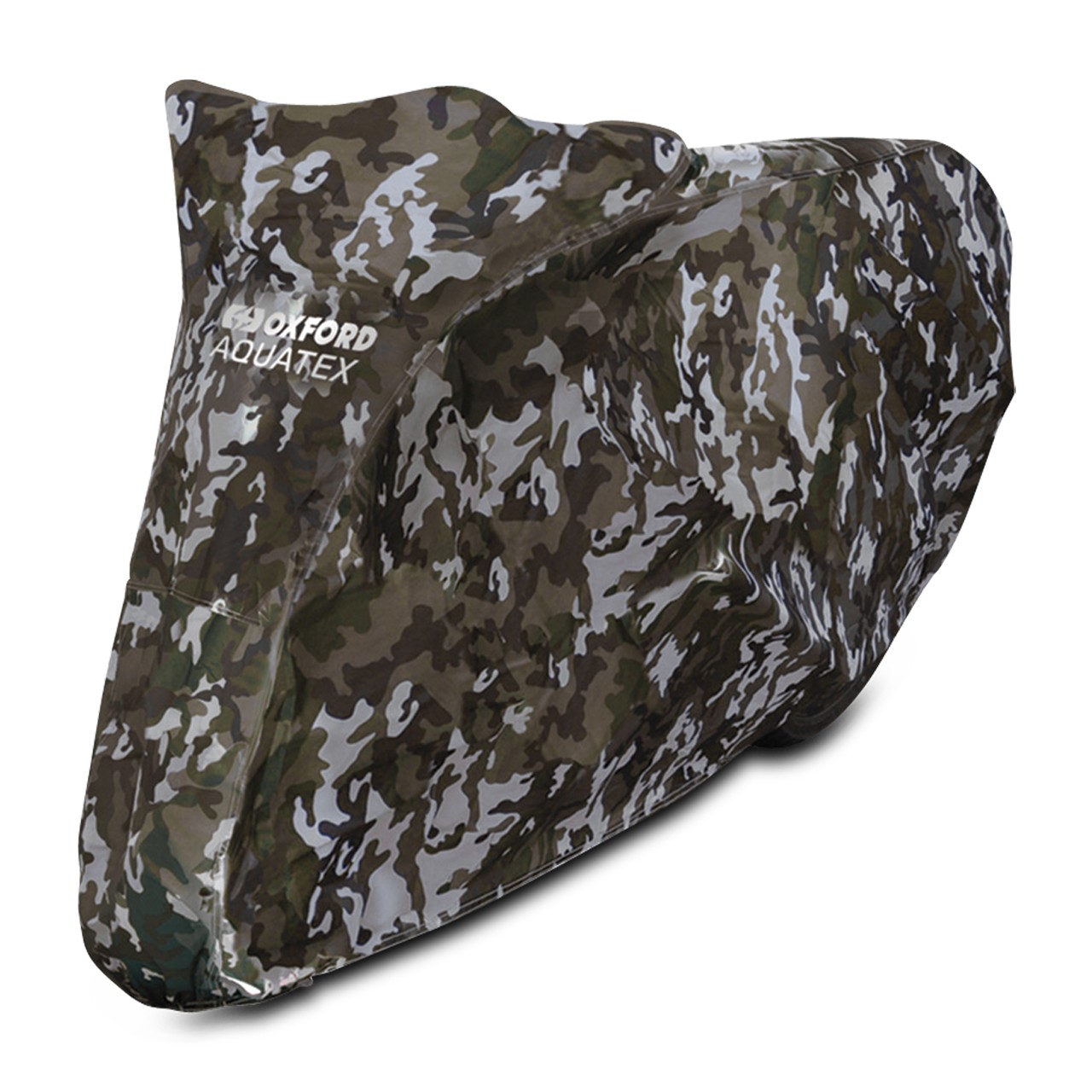 Black and camo-patterned Oxford Aquatex Pro motorbike cover, waterproof, size M, featuring a sleek design for protection against the elements.