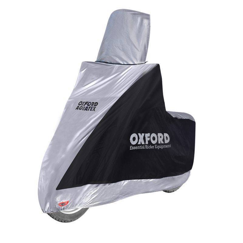Silver and black motorcycle cover made of Oxford Aquatex material, featuring a snug fit with a raised section for the windshield and the Oxford logo prominently displayed.