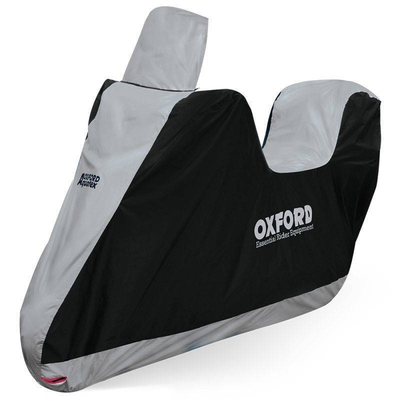 Black and grey OXFORD CV217 motorcycle cover, made of durable material, featuring a snug fit design and logo, providing protection against weather elements.